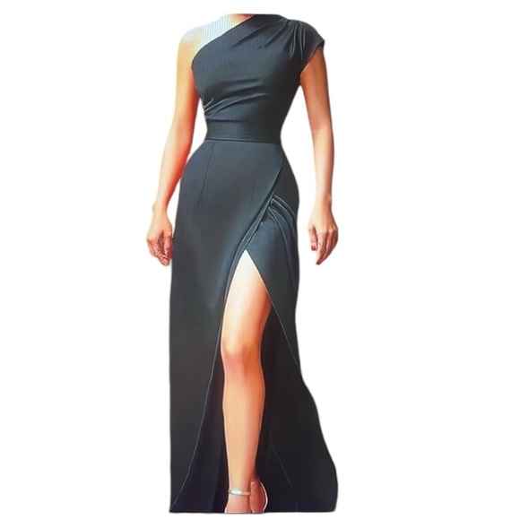 Elegant Formal Solid Slit Asymmetrical Oblique Collar Evening Dress Sz XL/12 Blk - Picture 2 of 6